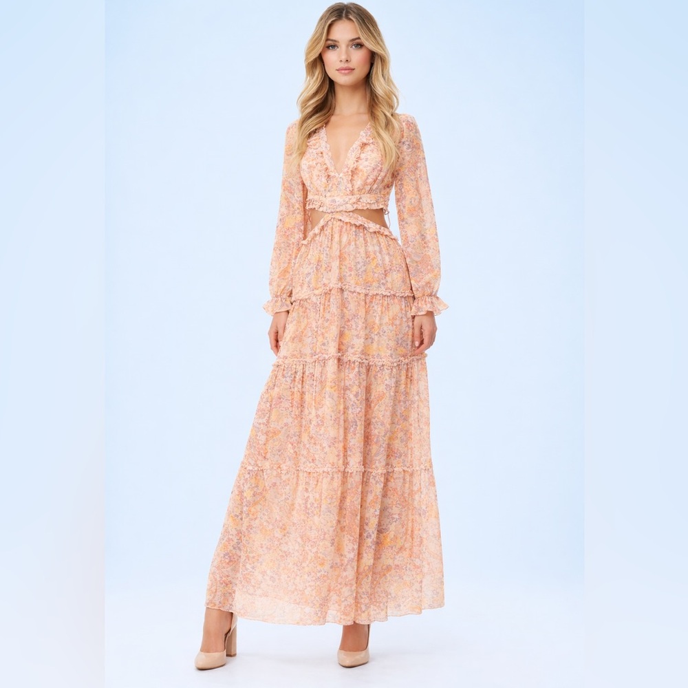 Love X Design. France Floral Long Sleeve Chiffon Maxi Dress  Open sides+Lace Up